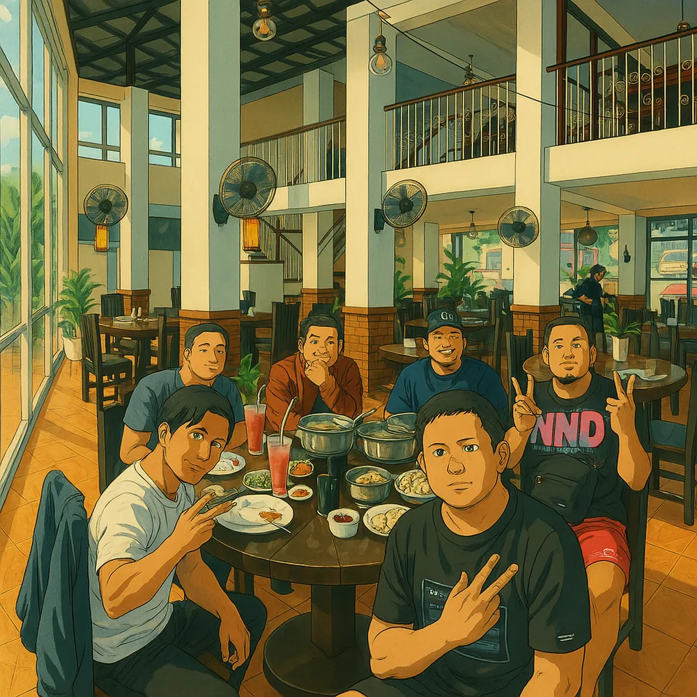 Illustration of six friends sharing a table of Filipino food and drinks in a bright restaurant